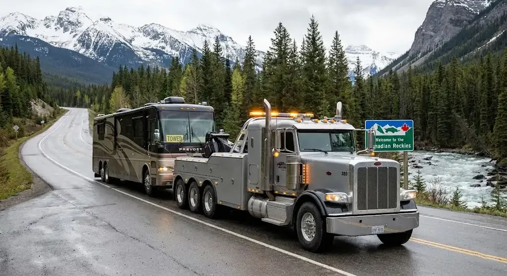 Burnaby heavy-duty tow truck with RV in transport