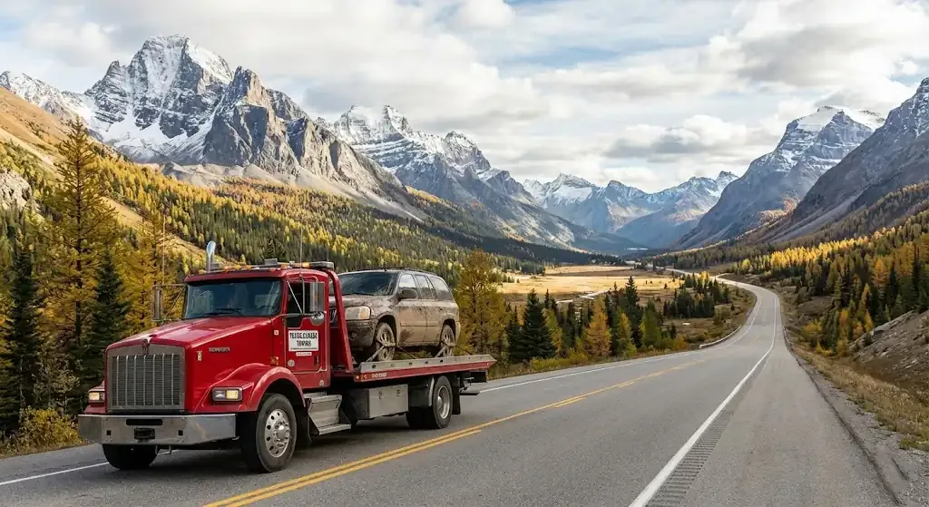 long-distance tow truck on a Burnaby highway corridor