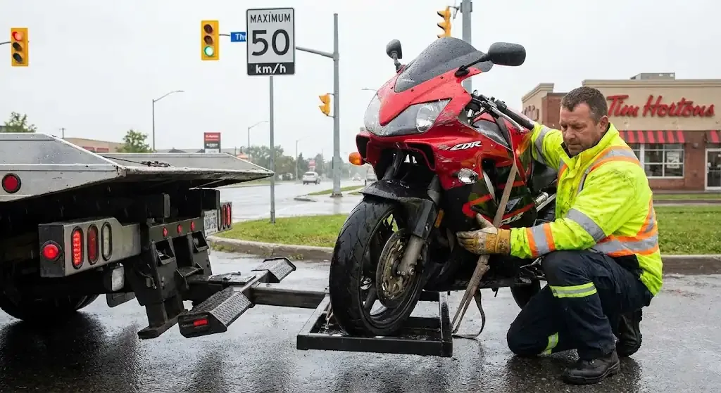 Burnaby motorcycle being safely loaded for transport