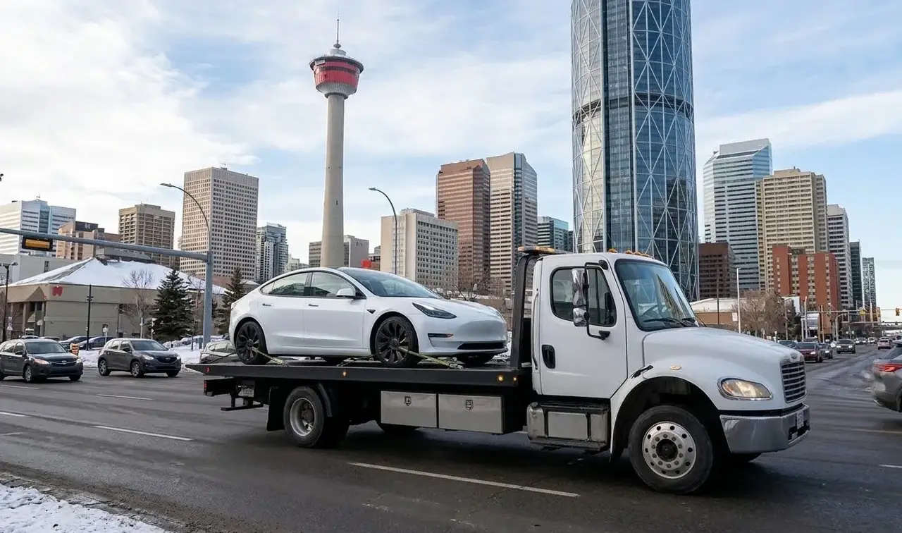 Burnaby electric vehicle on flatbed transport